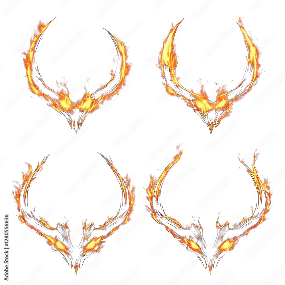 Poster set of demon horns with glowing fire effect isolated on transparent background