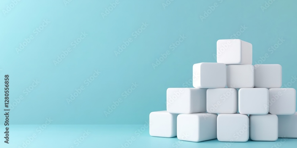 Poster white cubes stacked neatly on a soft blue background in a minimal style