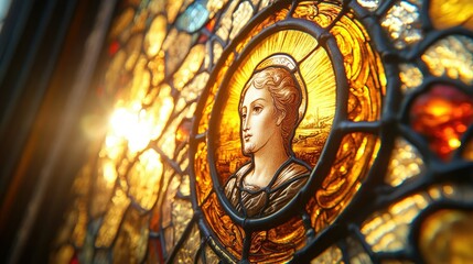 Obraz premium Stained glass depicting a sacred figure with intricate details and rich colors illuminated by sunlight