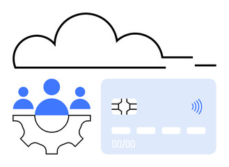 Cloud shape, team inside a gear, and contactless credit card. Ideal for fintech, teamwork, cloud computing, digital banking, innovation, e-commerce abstract line flat metaphor