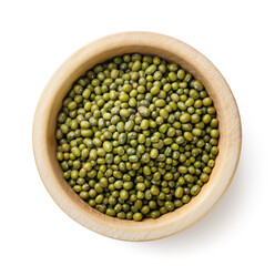Mung beans in a wooden plate on a white background. Top view