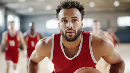 Fototapeta premium Basketball player in red jersey dribbling ball during intense game