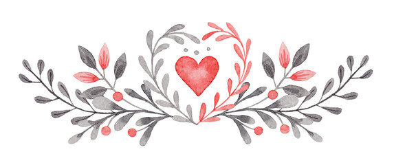 Wide arrangement with heart and twig in folk style. Stylized illustration in red and gray colors for wedding invitation creating. Hand drawn composition is perfect for romantic and love designs.