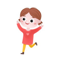 Happy little girl. Cute cheerful kid child girl celebrating with hands up. Flat graphic vector illustration isolated on white background