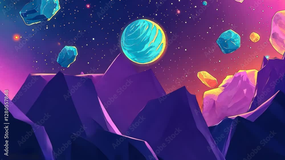 Poster explore vibrant cosmic landscapes filled with colorful asteroids and celestial bodies in deep space,