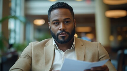 Naklejka premium Man in a beige blazer holds a document and looks directly at the camera in a modern indoor setting during daytime