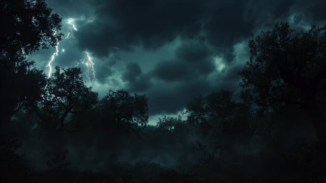 Dramatic thunderstorm illuminates dark forest with striking lightning.