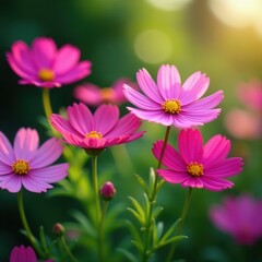 Fototapeta premium Vibrant cosmos flowers blooming in a lush garden , stems, wildflower, garden