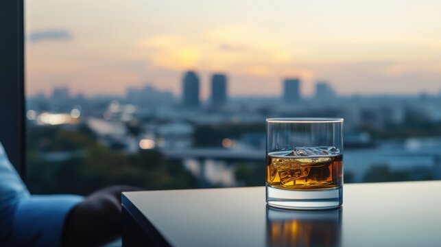 Alcohol consumption at a luxurious hotel bar with whiskey and appetizers. Featuring elegance and indulgence