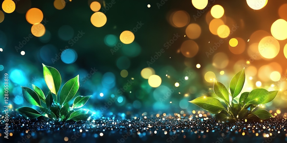 Poster glowing plants with bokeh lights in a magical green environment