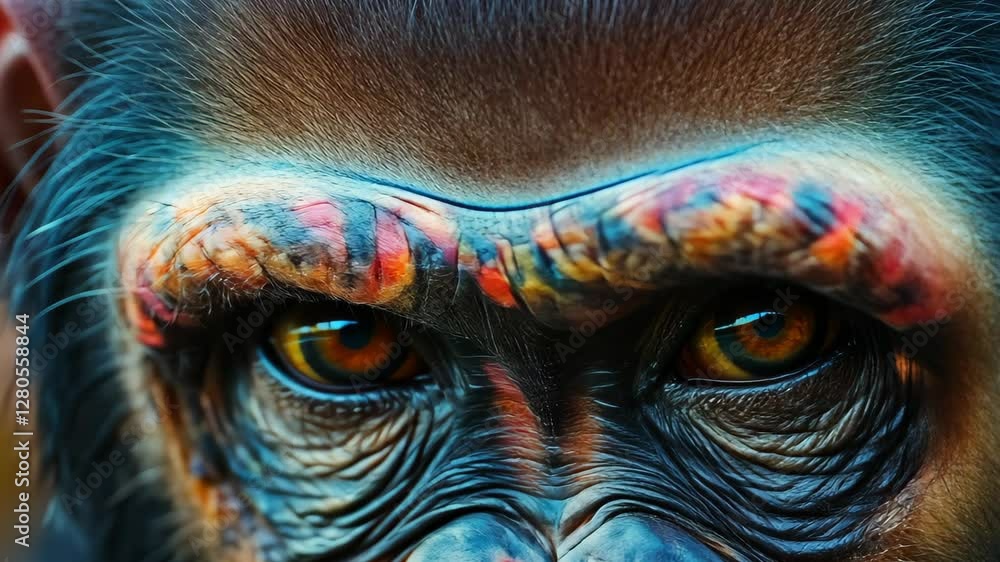 Poster closeup view of a chimpanzee's expressive face featuring vibrant abstract overlay, closeup of chimpa