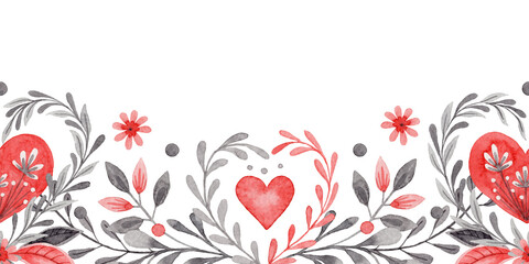 Bottom seamless border with heart in folk style. Stylized illustration in red and gray color for wedding invitation creating. Hand drawn composition is perfect for romantic and love card design.