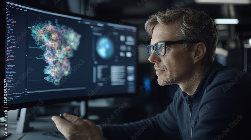Poster focused man analyzes complex data on large screen, showcasing vibrant visualizations and scientific 