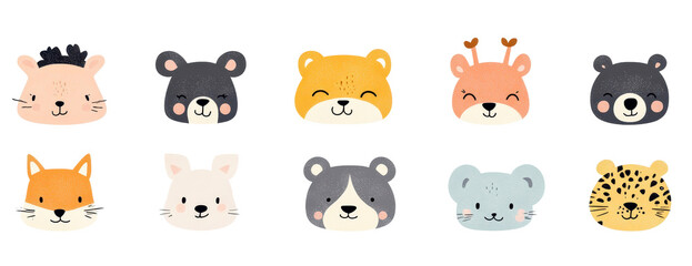 PNG collection of adorable animal face illustrations in a cheerful design