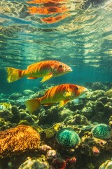 Naklejka premium Vibrant underwater scene showcasing colorful fish swimming among