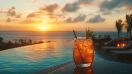 Alcohol consumption at a luxurious resort bar with sunset cocktails. Featuring relaxation and beauty