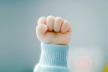 Close-up of a baby's tiny clenched fist symbolizing strength, determination, and resilience against a soft background. 