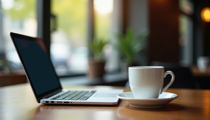 Closed laptop, empty coffee cup, cafe setting, empty, notebook