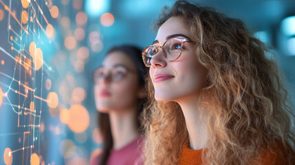 Two women with glasses looking at digital data visualization, expressing curiosity and engagement in modern workspace