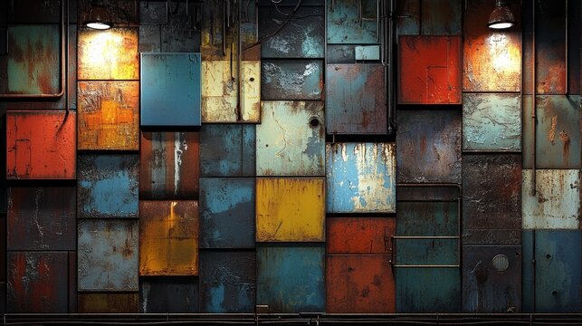 Vintage industrial wall, rustic metal panels, urban decor, distressed textures, loft style art, industrial chic, edgy design