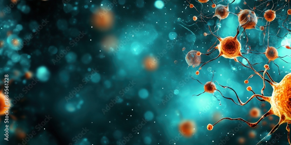 Poster colorful neurons and synapses on a blue abstract background