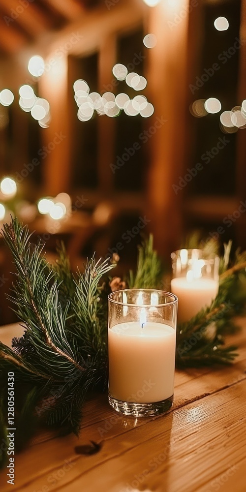 Poster A cozy setting featuring glowing candles surrounded by greenery, creating a warm and inviting atmosphere with soft bokeh lights.