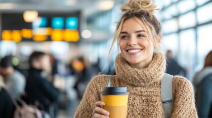 Im unable to identify person image. However, I can help create description and keywords based content.A smiling woman cozy sweater holds coffee cup airport, surrounded by travelers. atmosphere is