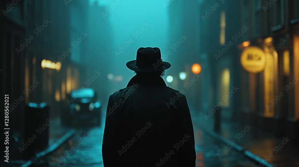 Poster a solitary man strides through a deserted street enveloped in mist. the ambient glow of distant ligh