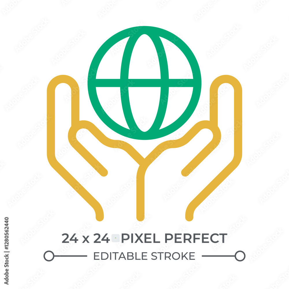 Poster earth globe in hands colorful line ui icon. save planet ecology. international environment protectio