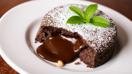 Chocolate Lava Cake with Melted Center and Mint Garnish.