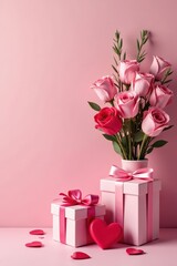 Elegant pink Valentine's arrangement Gift boxes & hearts Copy space , gift box, flatlay, beautiful