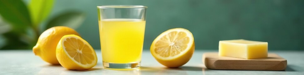 Freshly squeezed lemon juice in a glass with a bar of soap nearby, table, clean
