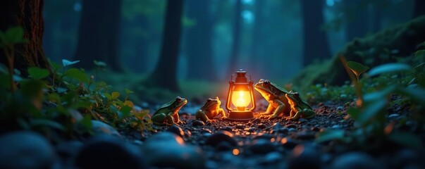Frogs gathered around a glowing lantern in the forest at midnight, ambiance, lantern