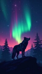 Epic wolf silhouette against vibrant aurora borealis, stars, beauty