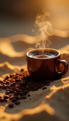 Gleaming cezve on hot sand, rich dark coffee brewing , hot sand, preparation, aromatic