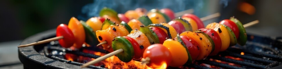 Grilled colorful vegetables and skewers sizzling over flames , vibrant, rustic