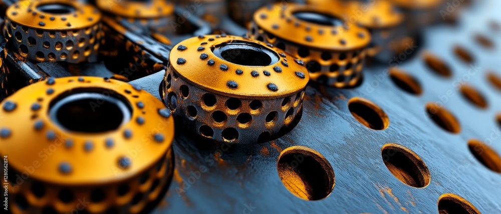 Poster close-up view of colorful metal gears and mechanisms arranged on a wooden surface in an industrial s