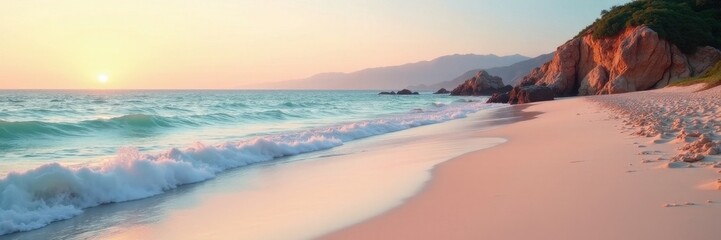 Pastel hues illuminate sandy beach, gentle waves lap gently , clouds, idyllic, quiet