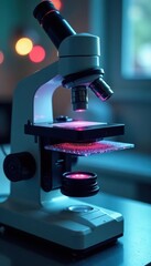 Microscope with slides, focused on cellular structures , detail, specimen, cell
