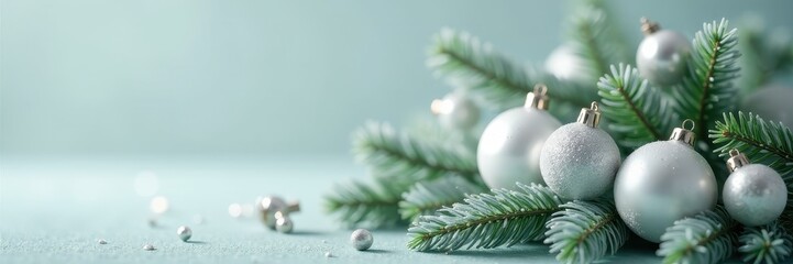 Minimalist white & silver baubles on frosted greenery , minimal, greenery, merry christmas