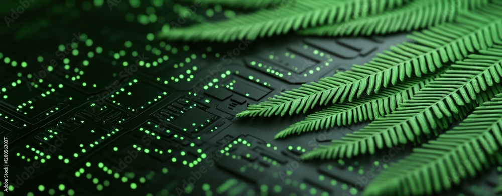 Aufkleber green fern leaves on circuit board background in abstract design