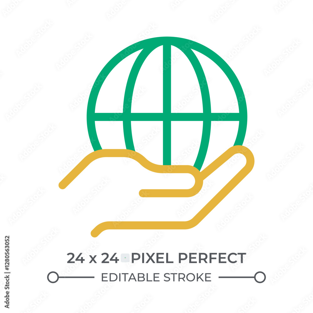 Poster hand holding earth planet colorful line ui icon. taking care of global ecology. environment protecti