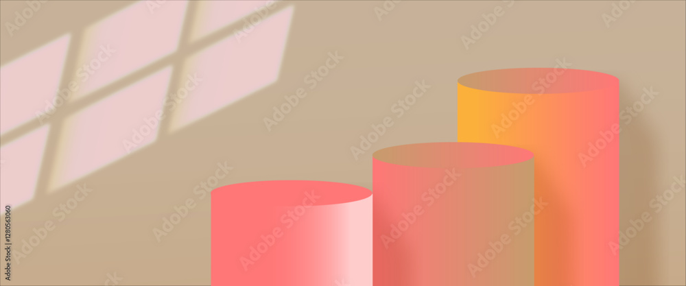 Poster 3d abstract shapes surrounding a podium with a colorful gradient, 3d background podium