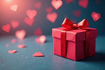 Red present box on soft pink, heart shaped bokeh lights , wedding, red, pretty