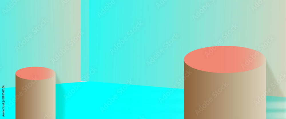 Poster 3d abstract shapes surrounding a podium with a colorful gradient, 3d background podium