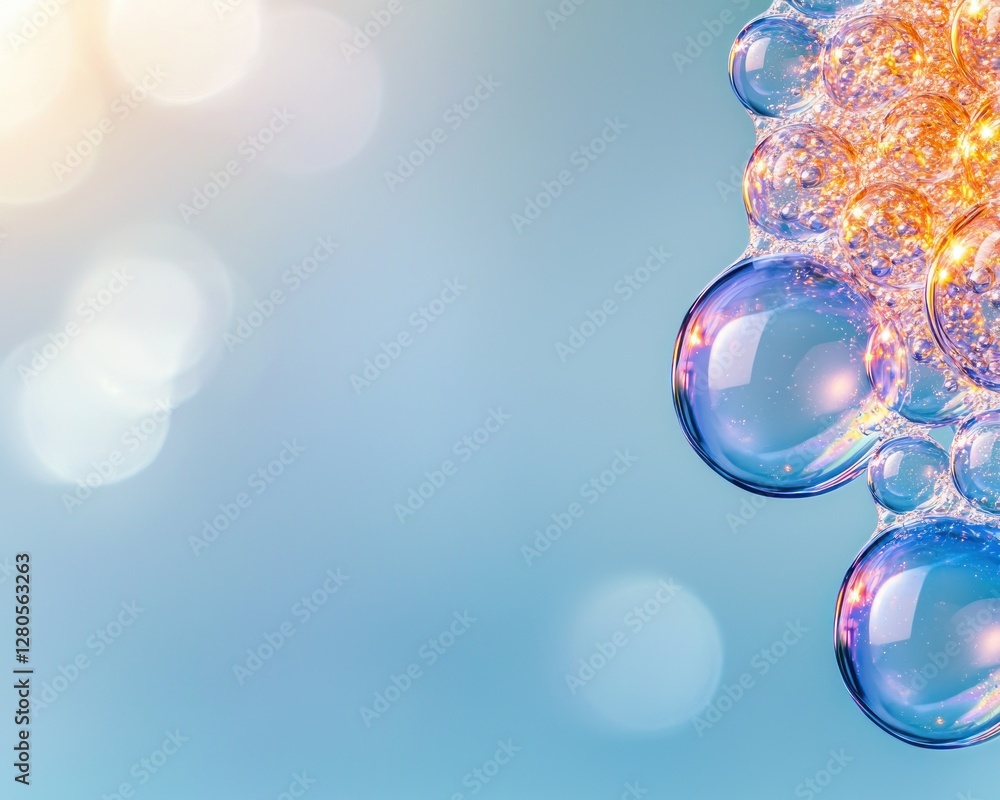 Poster colorful soap bubbles with sparkle on soft blue background