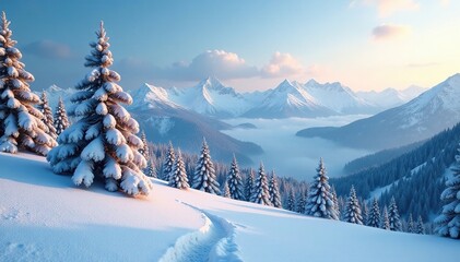 Snowy landscape with tall Christmas trees and frosty mountains, , snowy trees