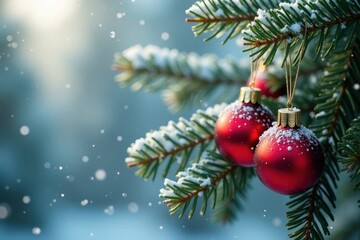 Snow-dusted pine branches, red & gold ornaments, soft bokeh , pine cones, winter, winter wonderland