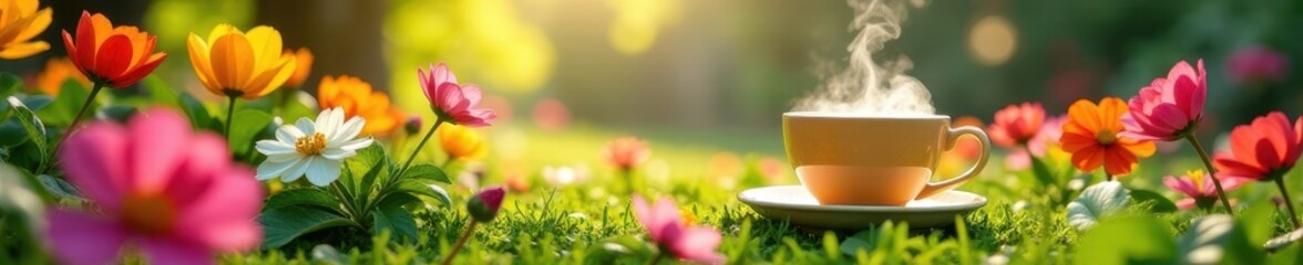 Spring tea garden, blooming flowers, sunlight, bloom, leaf, scenery