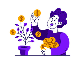 Young man has a pot with a money tree, vector concept of savings and investments, return on investment, finance.
